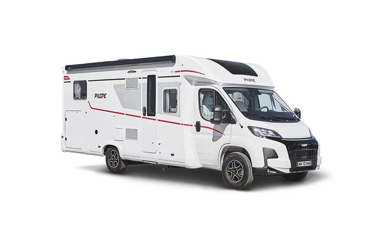 Camping-car profilé Pilote classique avec cabine blanche et skyview noir au-dessus de la cabine